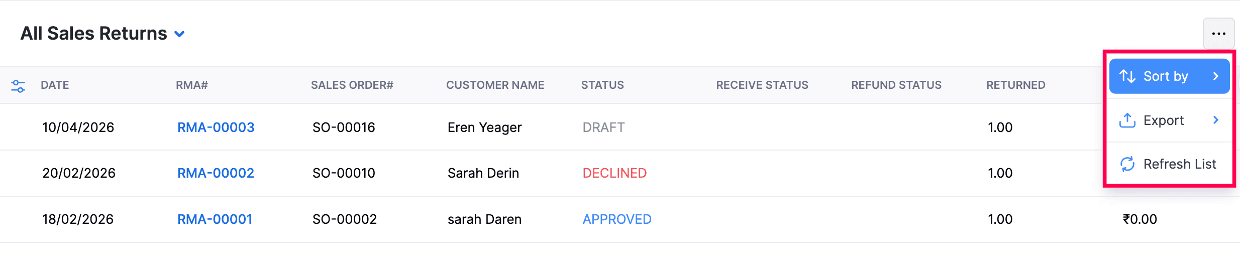 Sales Returns More Actions menu showing sort, export, and refresh options