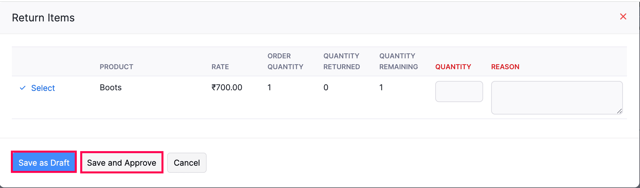 Return Items pop-up on a sales order