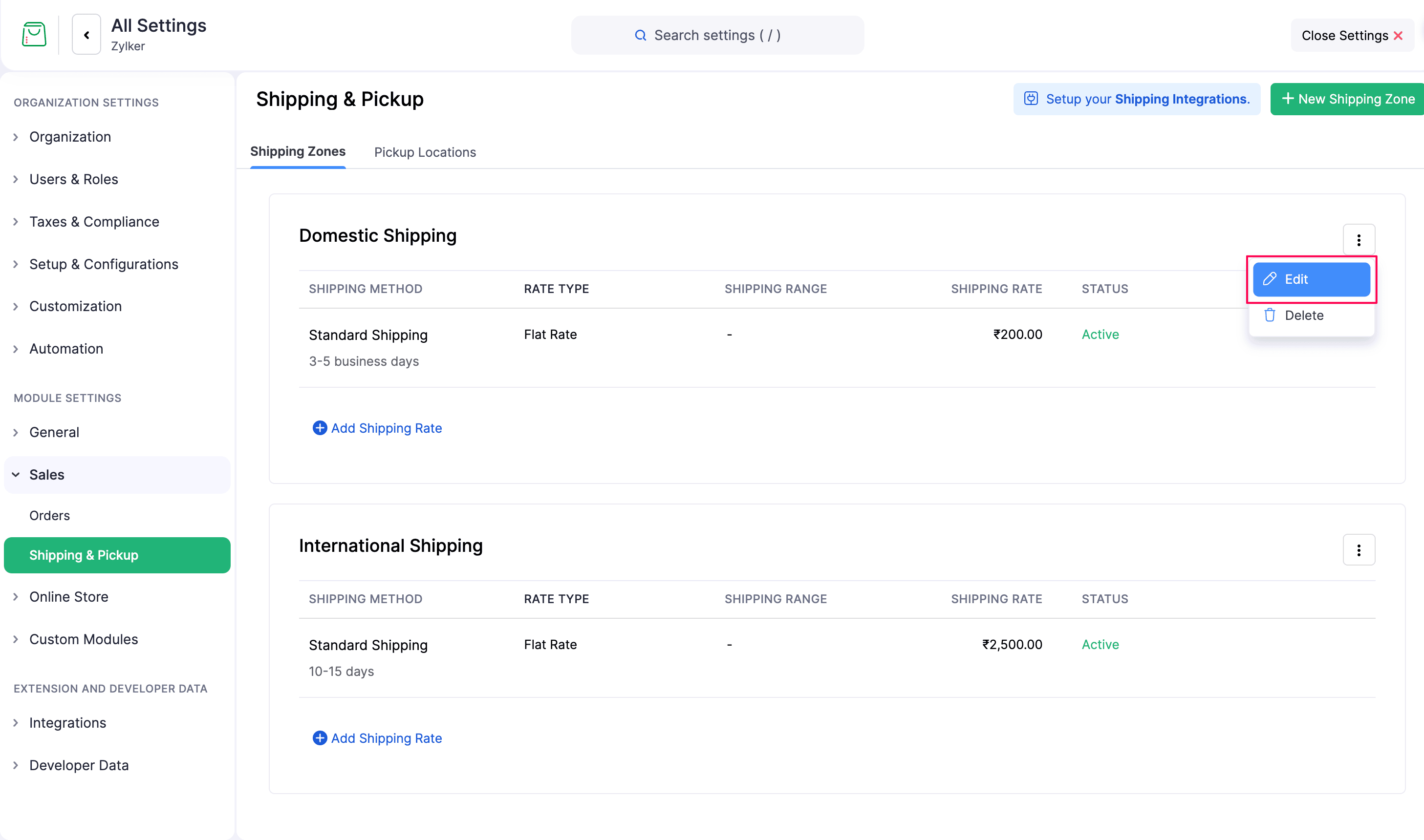 Edit a Shipping Zone
