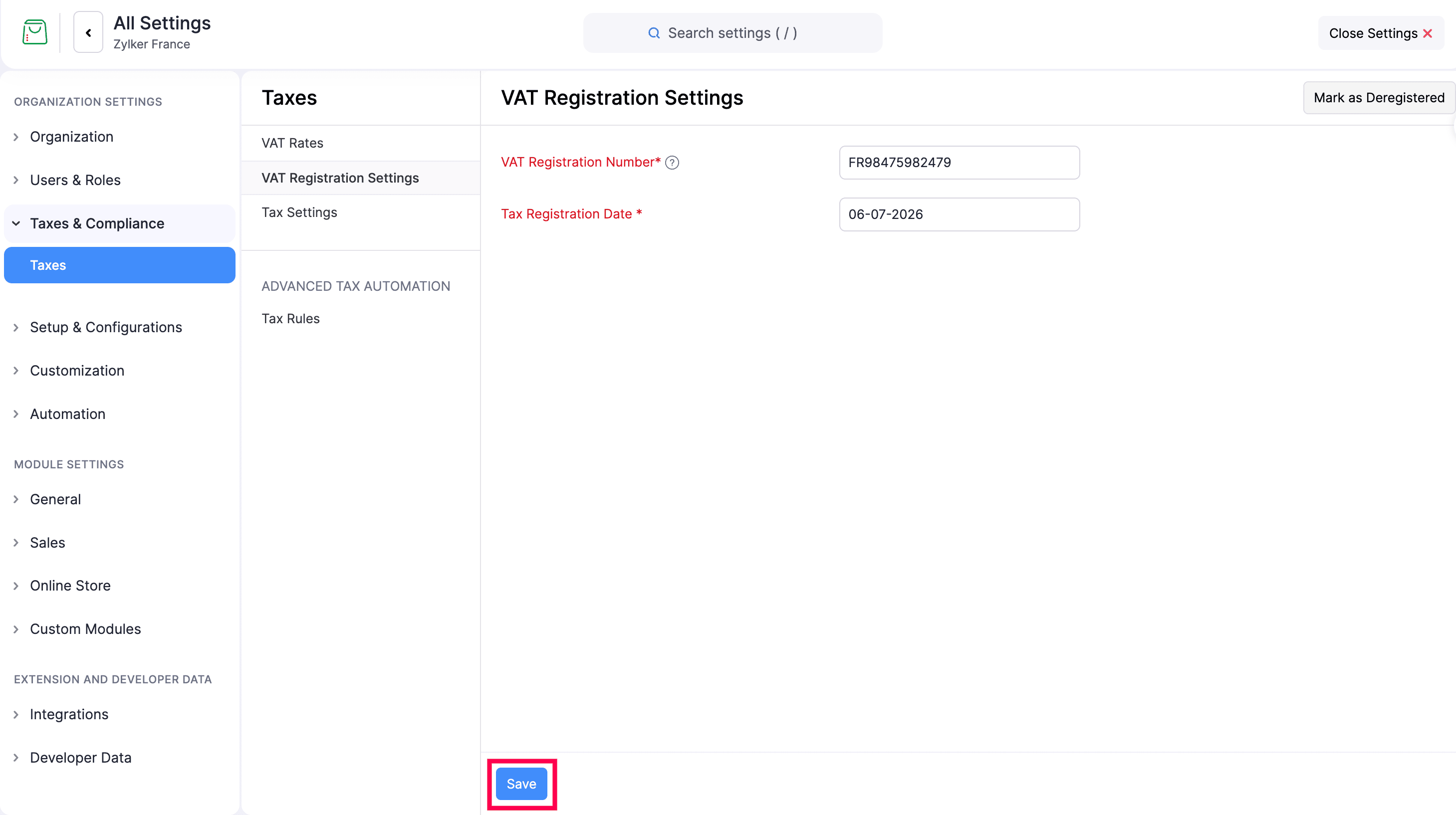 VAT Registration Settings