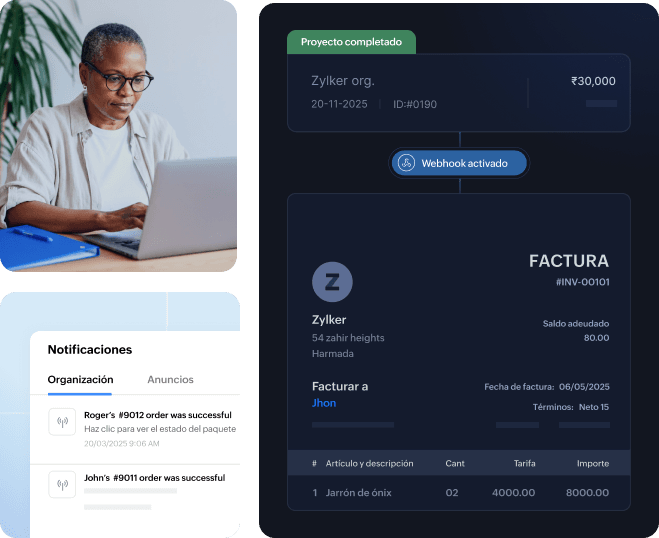 Flujo contable que conecta activadores, condiciones, notificaciones y acciones.