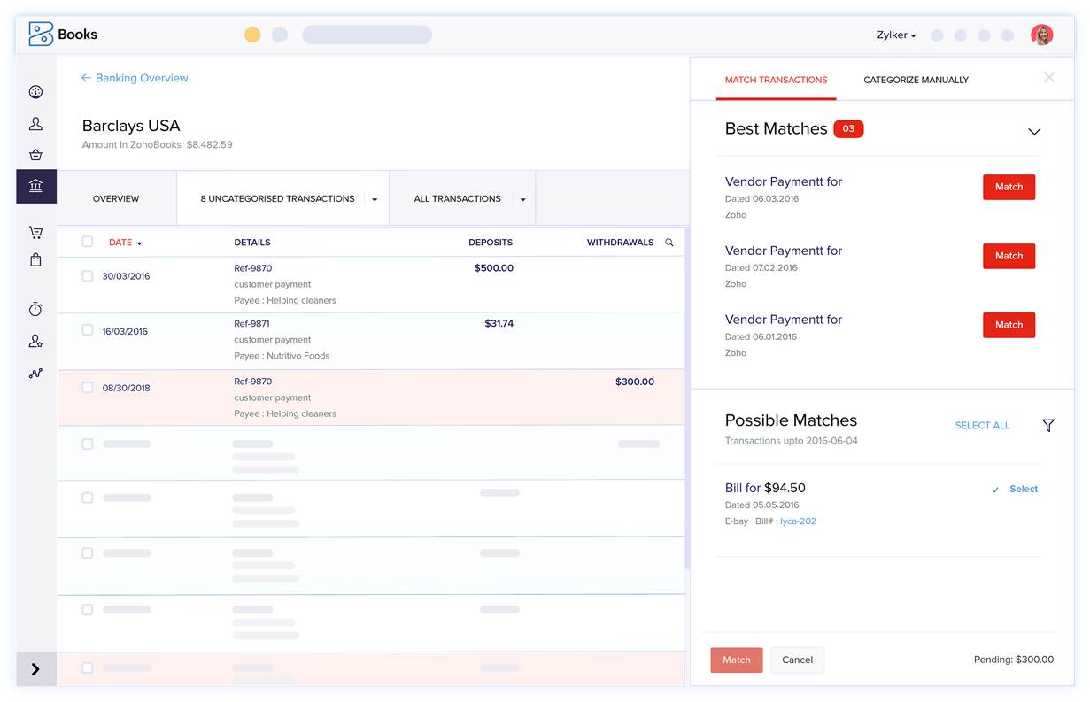 Correlación de transacciones bancarias - Software de conciliación de cuentas | Zoho Books