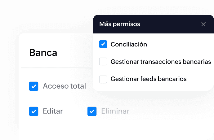 Permisos por función para consultar y administrar datos bancarios.