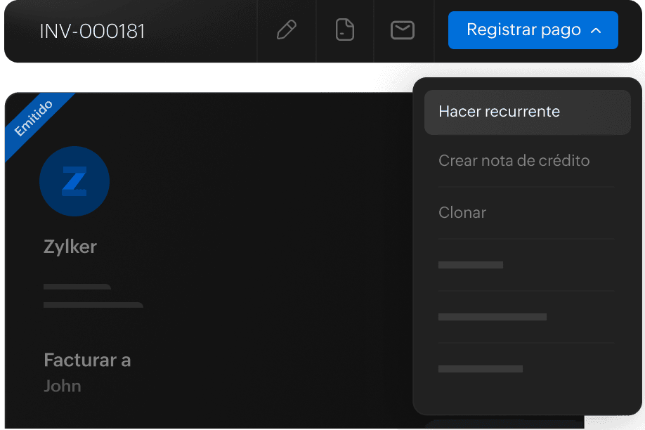 Pantalla de configuración de facturas recurrentes en Zoho Books para la facturación habitual de clientes