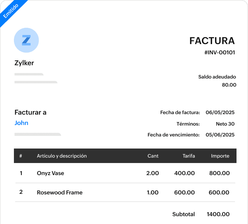 Plantilla de factura personalizable en Zoho Books para enviar facturas profesionales