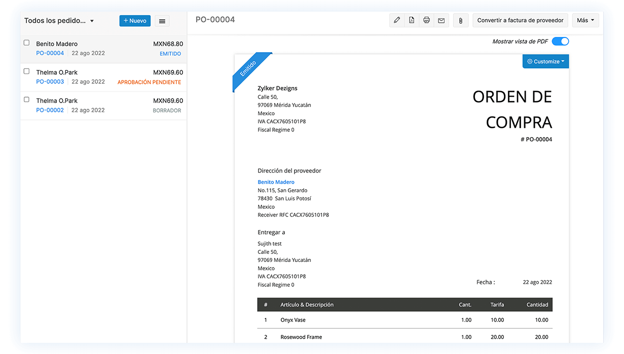 Registro de detalles de compra con órdenes de compra: software de gestión de órdenes de compra en línea | Libros Zoho