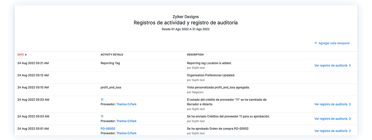 Registros de auditoría - Informes de contabilidad | Zoho Books