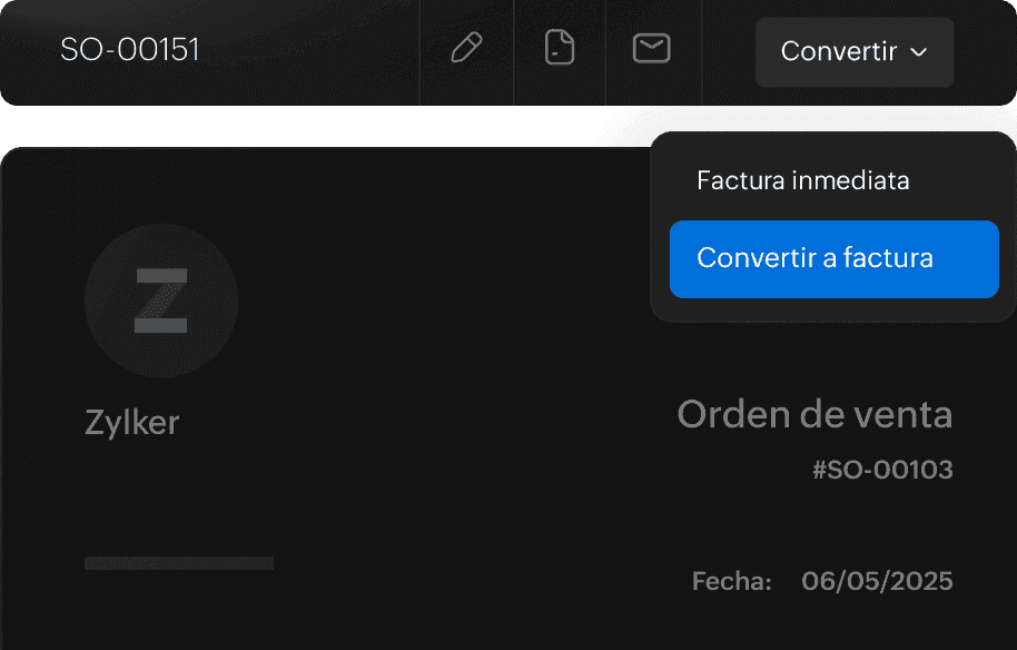 Opción de Zoho Books para convertir una orden de venta aprobada en factura