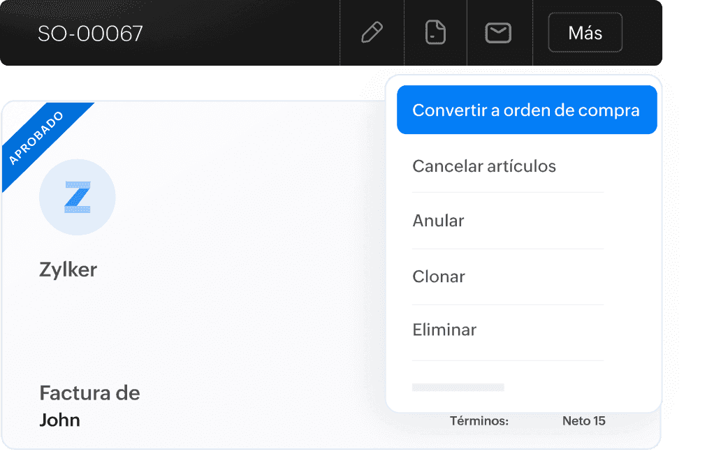 Opción de Zoho Books para convertir una orden de venta en orden de compra