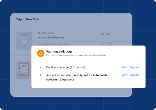 Policy violation alerts in Zoho Expense highlighting duplicate expenses and category limits.