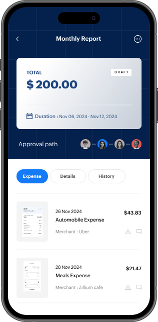 Expense report screen in Zoho Expense displaying total amount, approval path, and listed expenses.