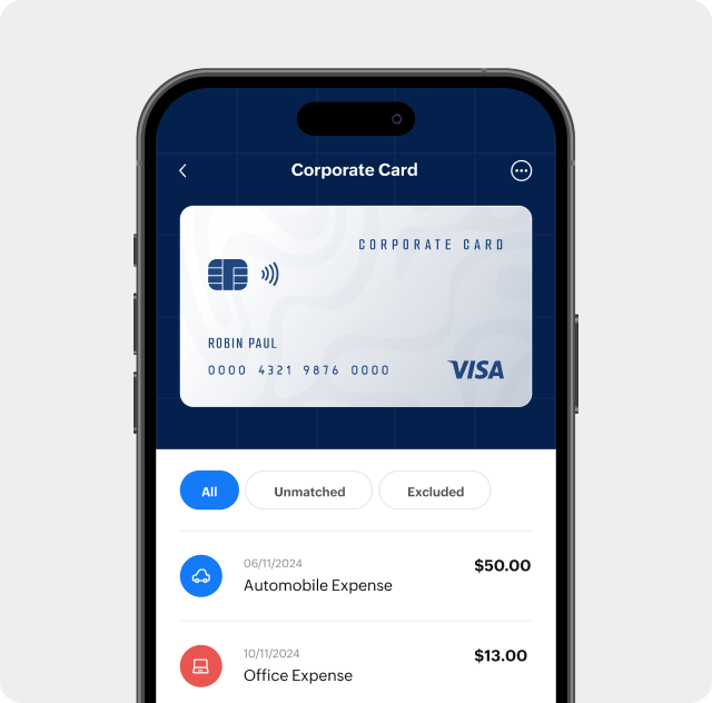 Zoho Expense mobile interface showing a corporate card and categorized expenses with amounts.