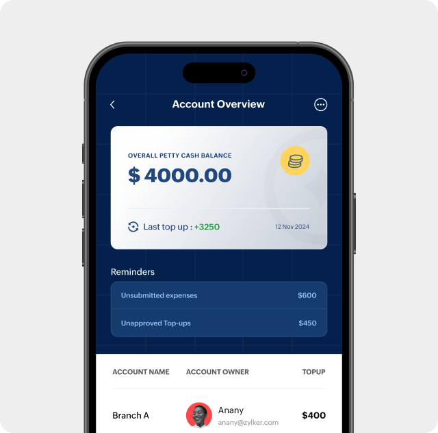 Petty cash account overview showing balance, top-up history, and branch-wise allocation.