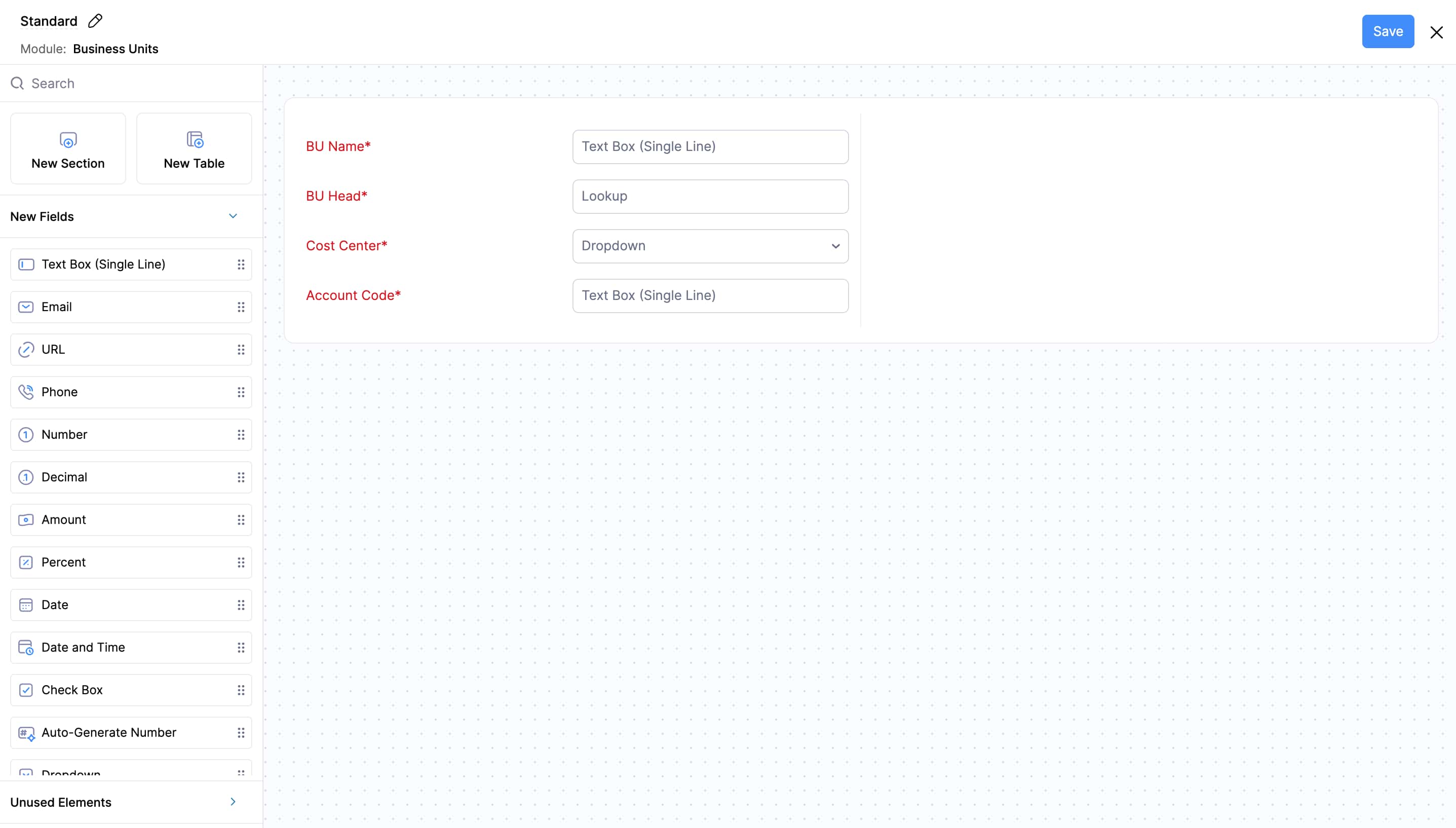 The form builder page for adding fields to a custom module.