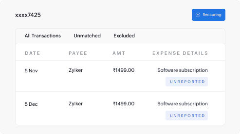 Zoho Expense report creation screen showing automation for expense report generation and submission.