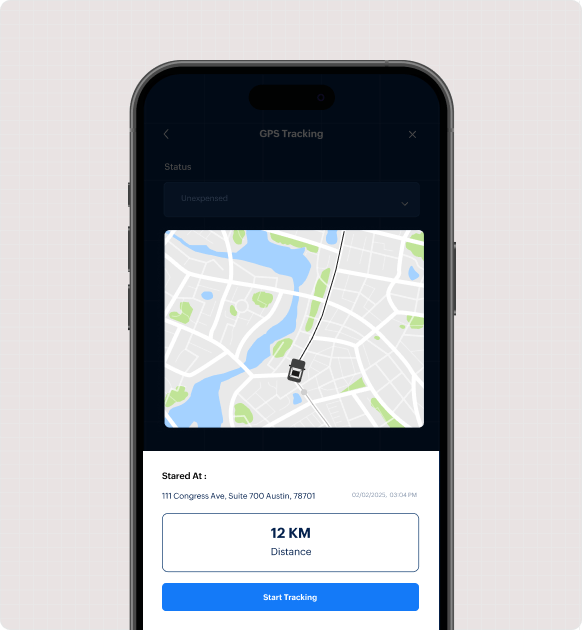 An image showing a user tracking mileage with a single tap to start and stop rides in Zoho Expense.