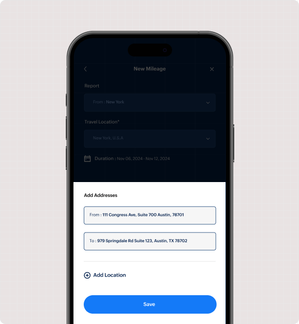 An image showing map-based mileage tracking with start and end locations for accurate distance calculation.