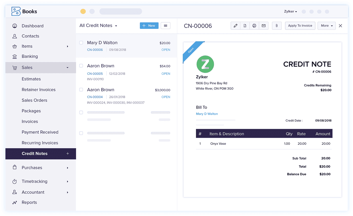 Notes de crédit et remboursements sur facture – Logiciel de facturation et comptabilité | Zoho Books