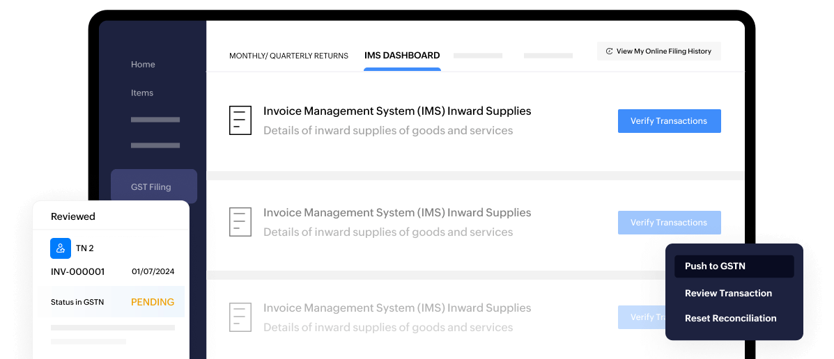 Dashboard of IMS under GST section in Zoho Books.