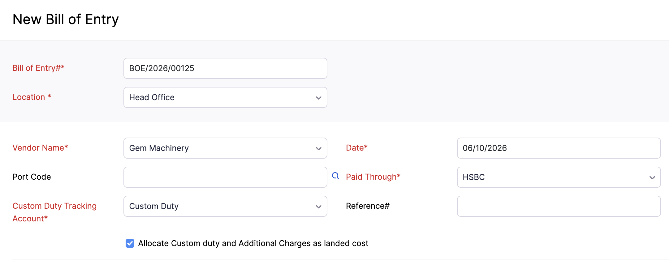 New Bill of Entry