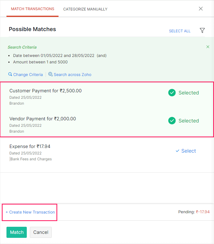 Matched Transactions