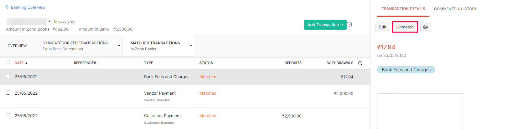 Unmatch Transactions