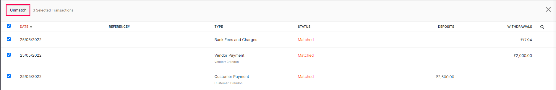 Unmatch Transactions