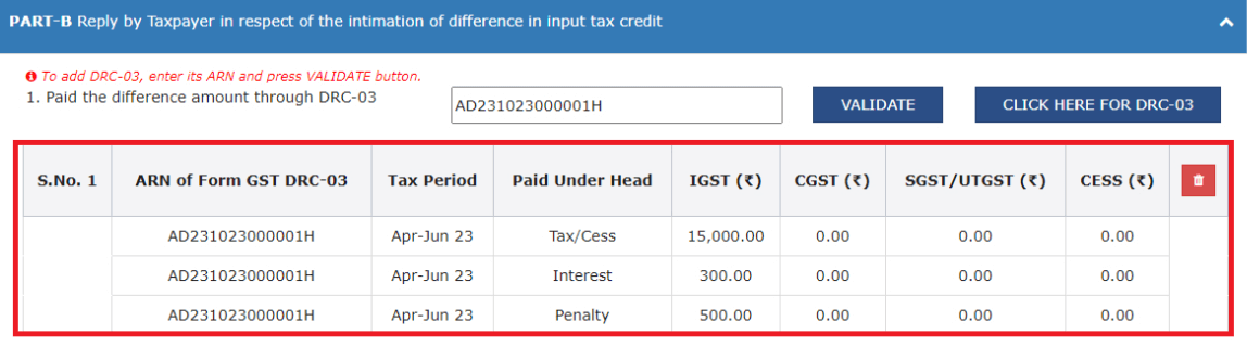 Payment details of ARN