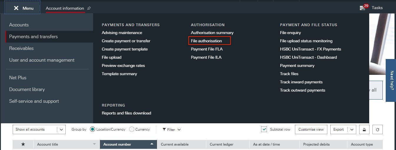 File Authorisation in HSBCnet