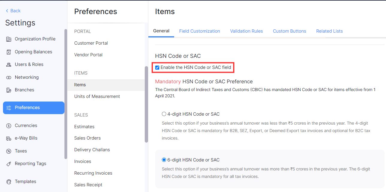 Enable HSN Code or SAC Field