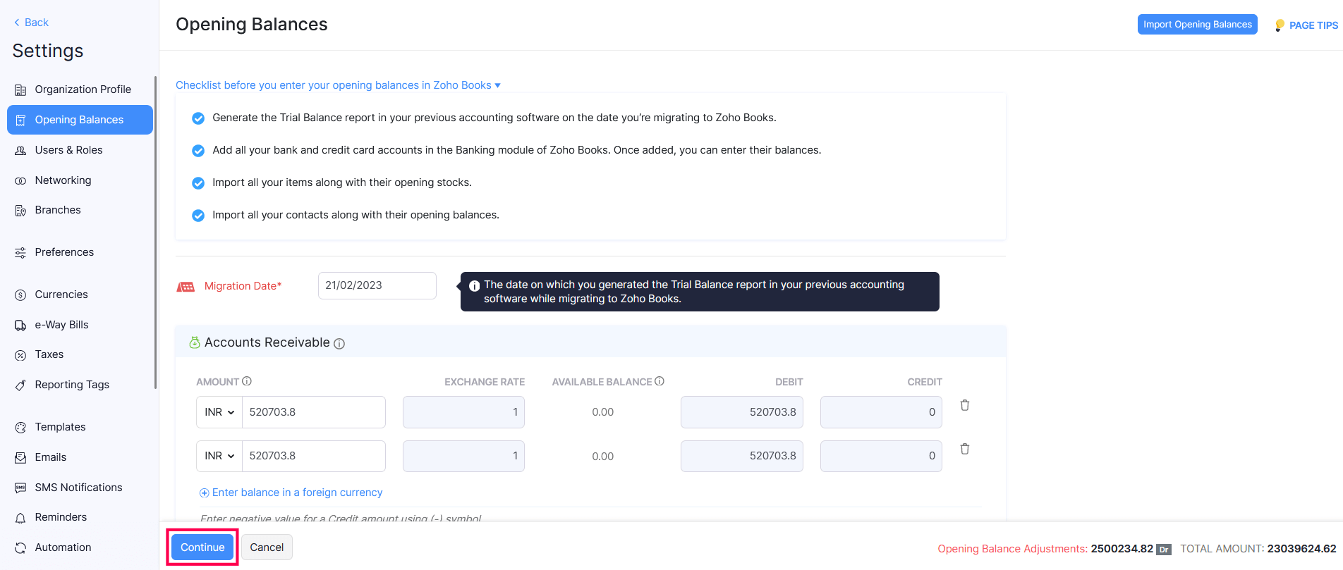 Upload data in the Opening Balances page