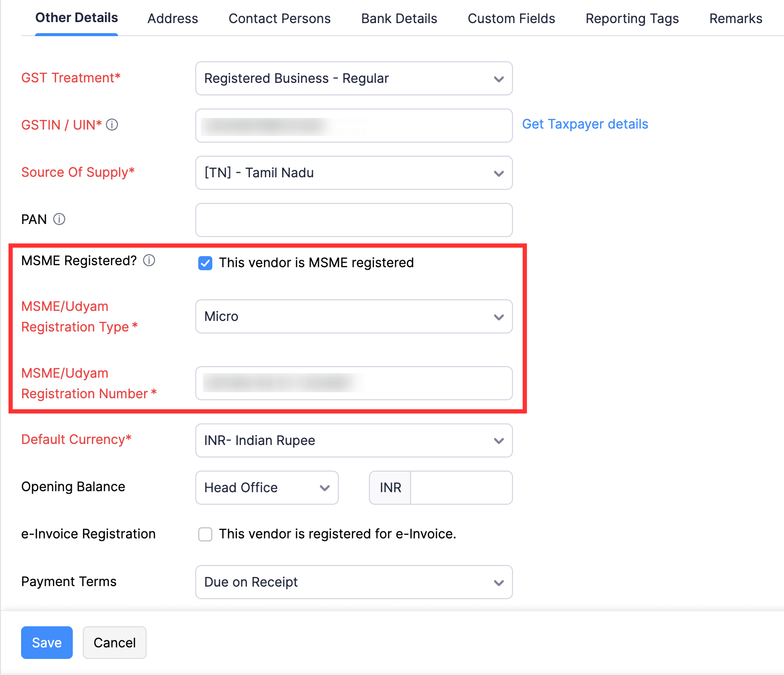 Enter your vendor's MSME details