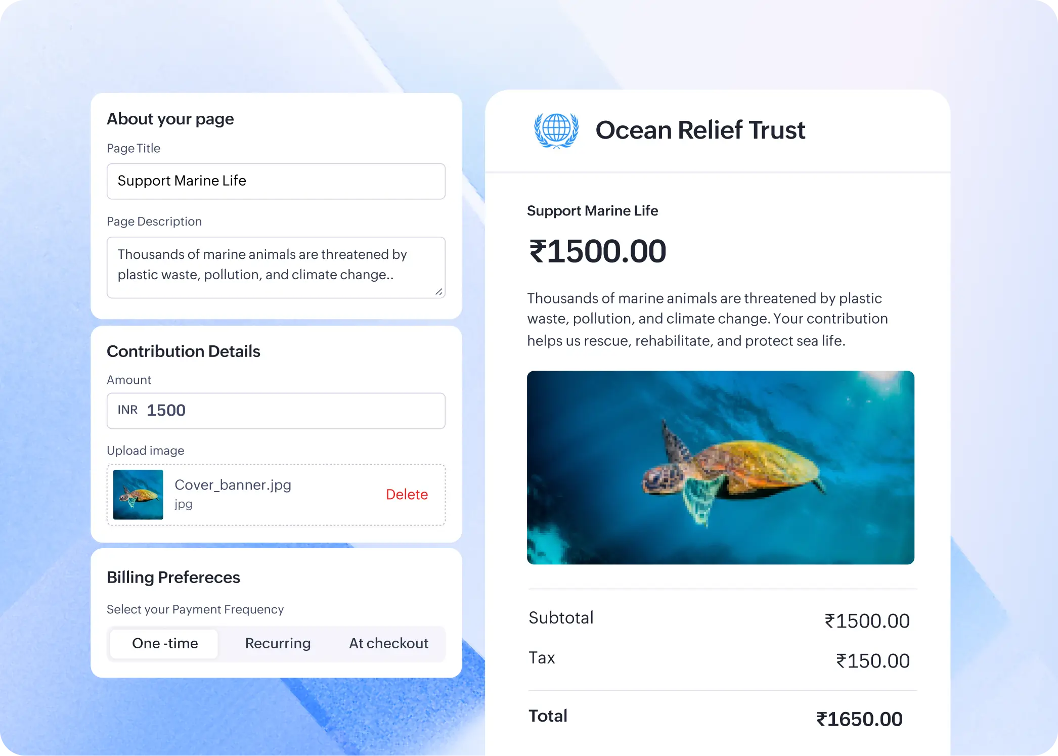 Checkout page builder showing page setup form and Ocean Relief Trust payment preview