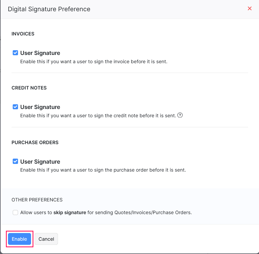 Configure Digital Signature preferences in Zoho Inventory