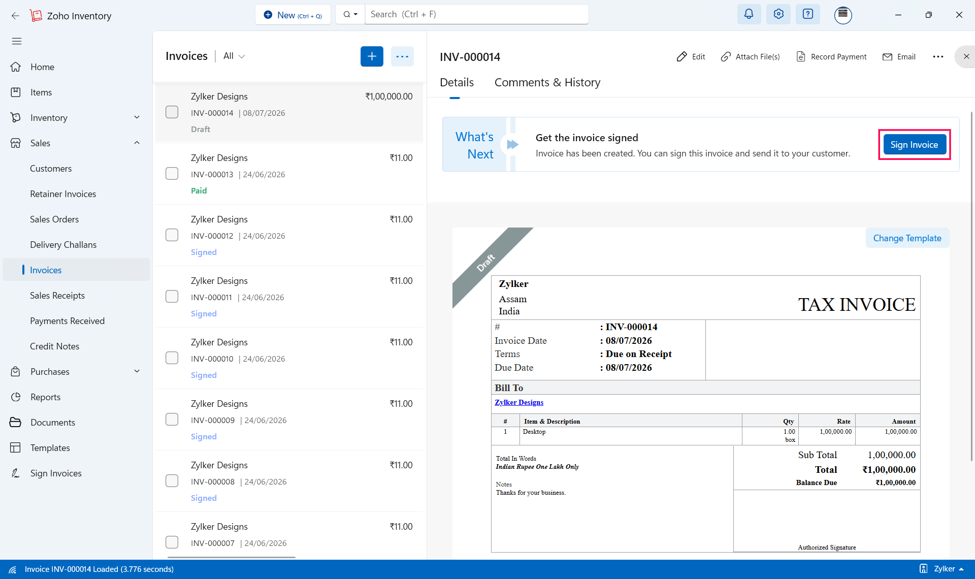 Sign an invoice in the Zoho Inventory Windows application