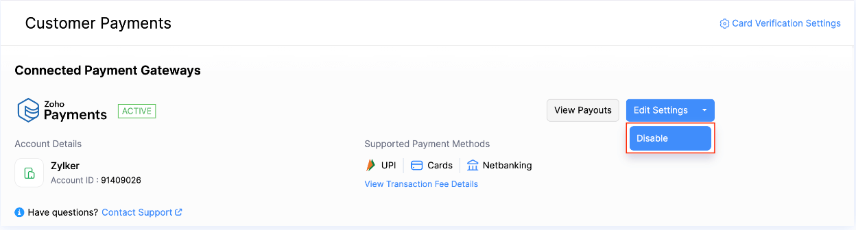 Disable Zoho Payments