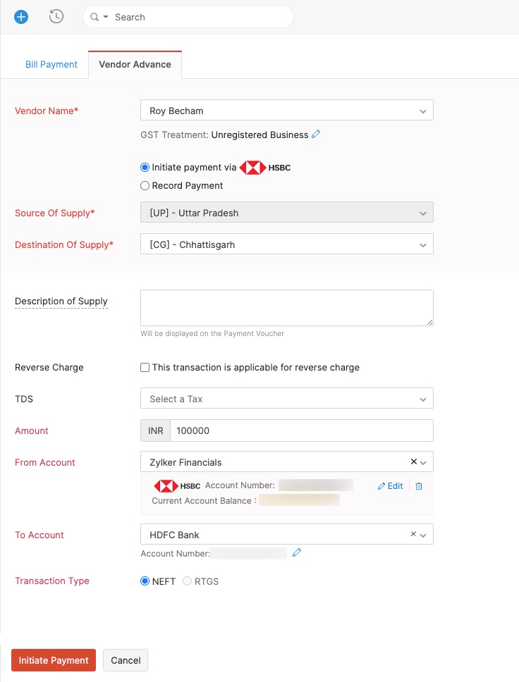 Making Vendor Advance Payment via HSBC