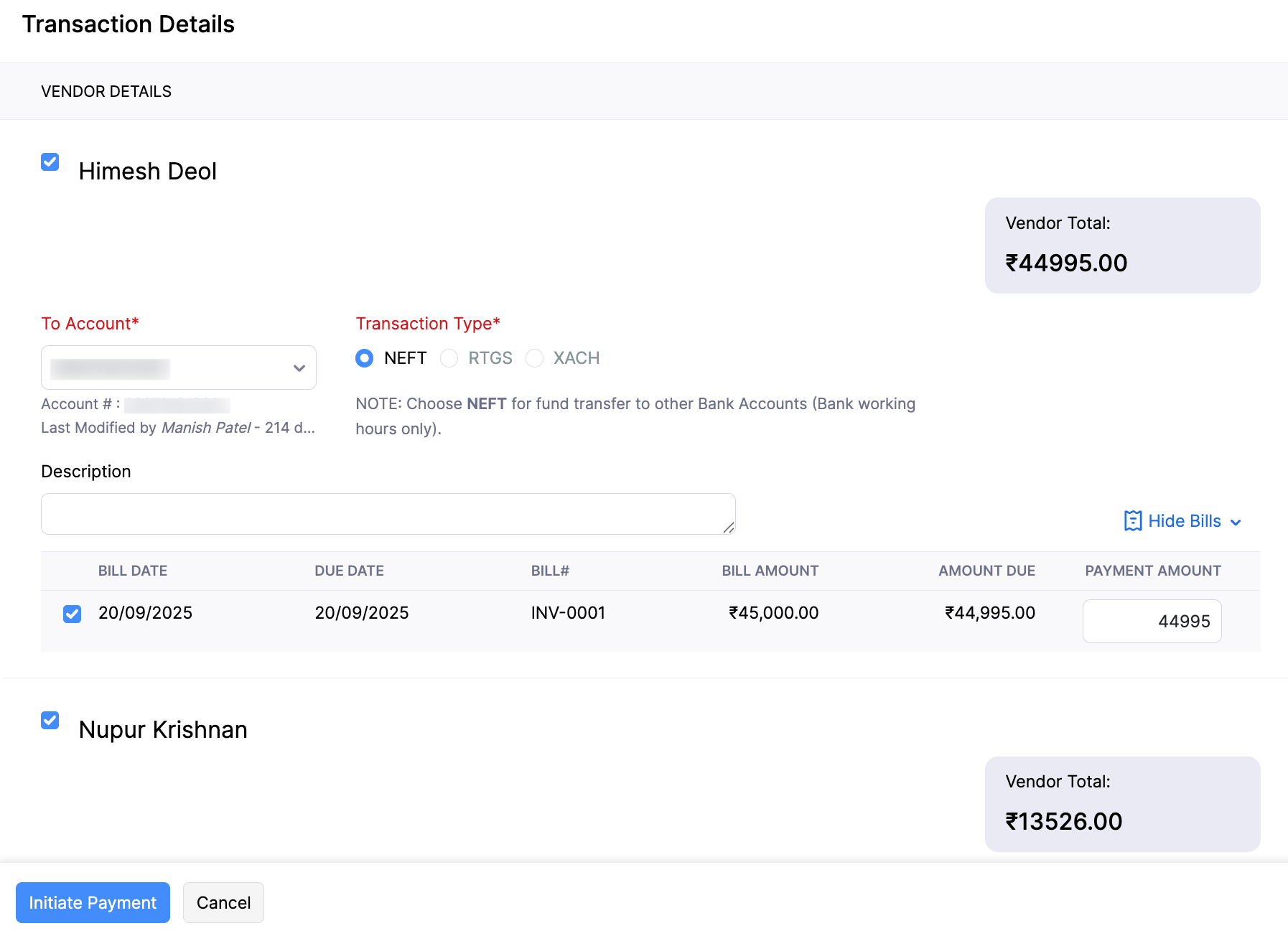 Multiple Bills and Multiple Vendors
