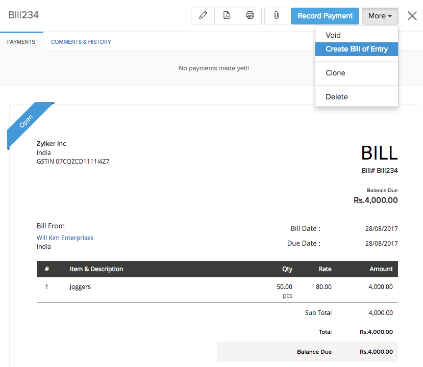 Bill of Entry option