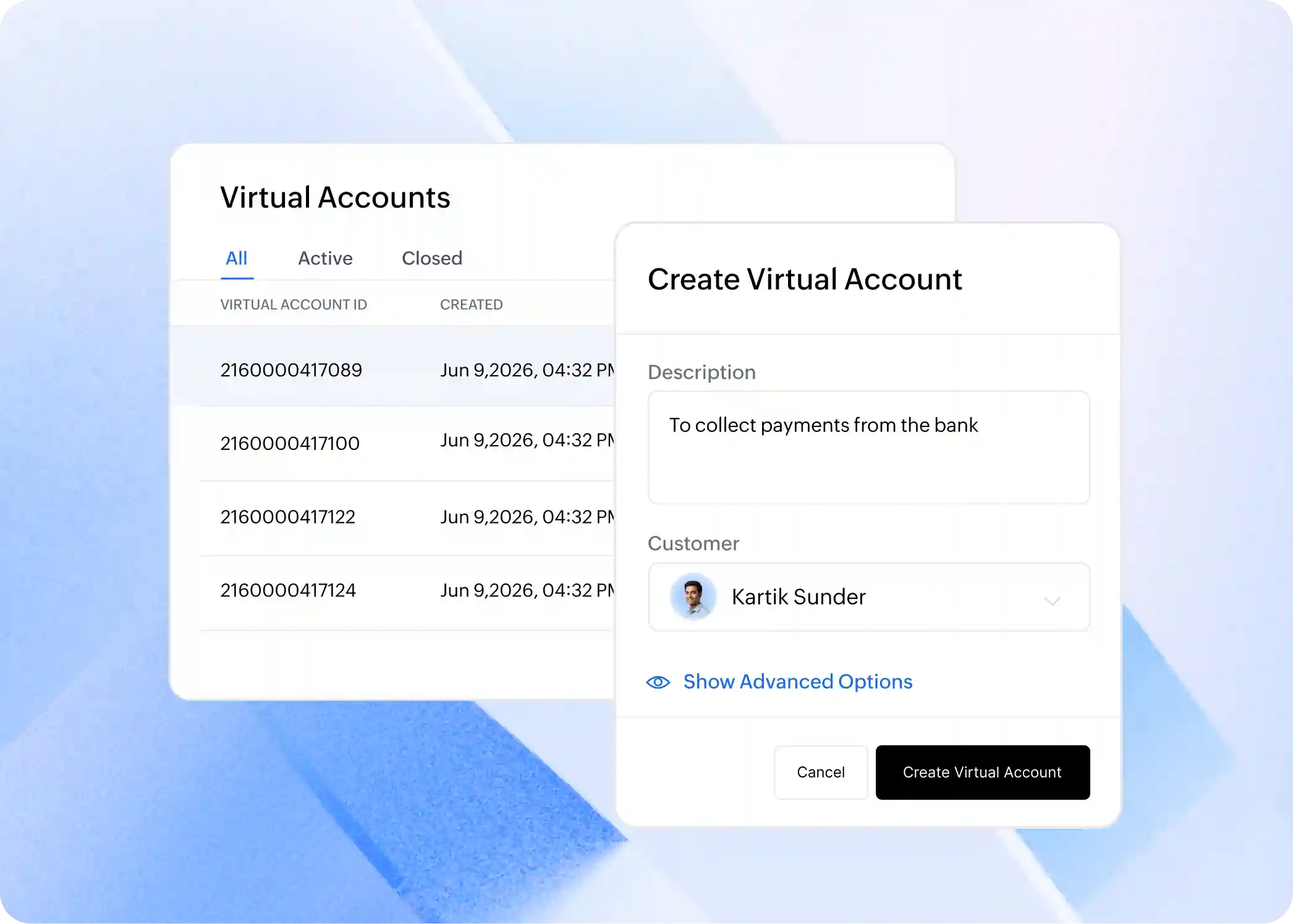 Virtual accounts list with a create virtual account form where a description and customer are added before creating the account