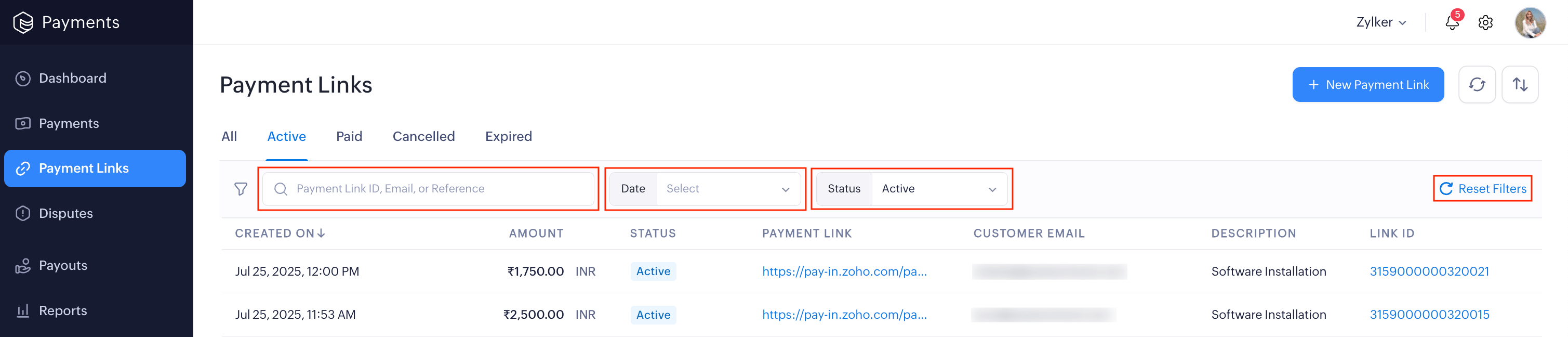 Search and Filter Payment Links