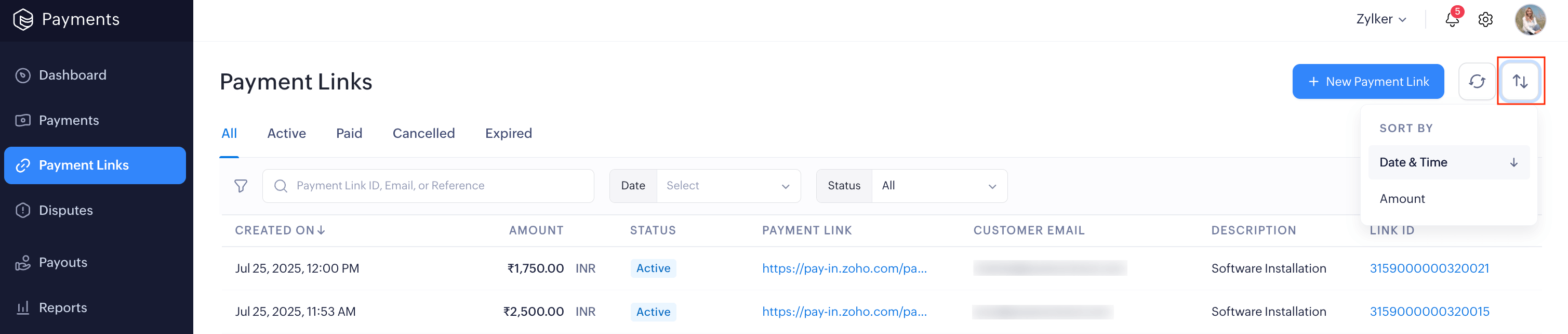 Sort and View Payment Links