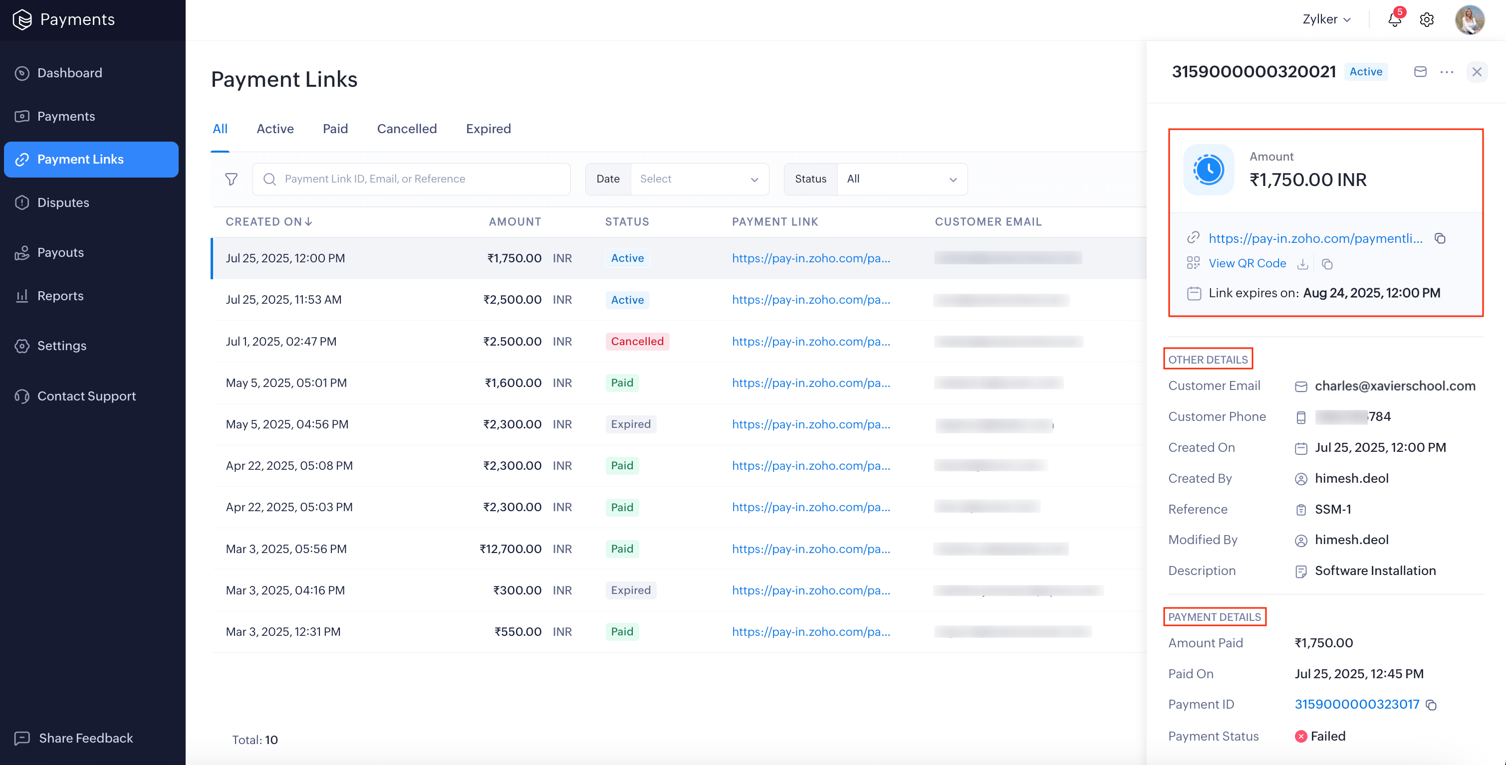 View the generated payment link