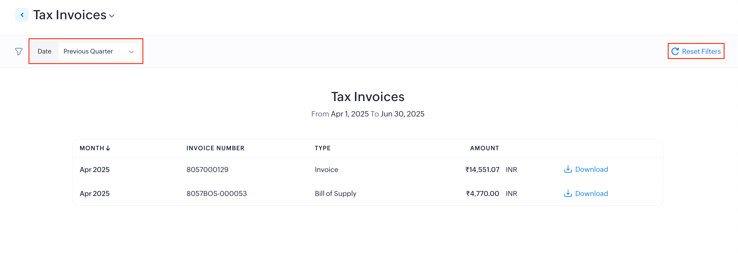 Filter Tax Invoices