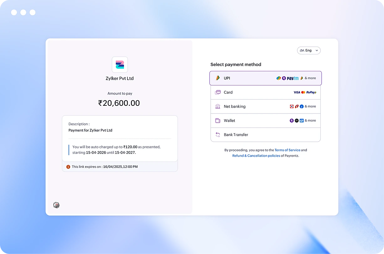 Zoho Payments hosted checkout page showing payment details for Zylker Pvt Ltd with an amount of ₹20,600.00 and payment method options including UPI, Card, Net banking, Wallet, and Bank Transfer