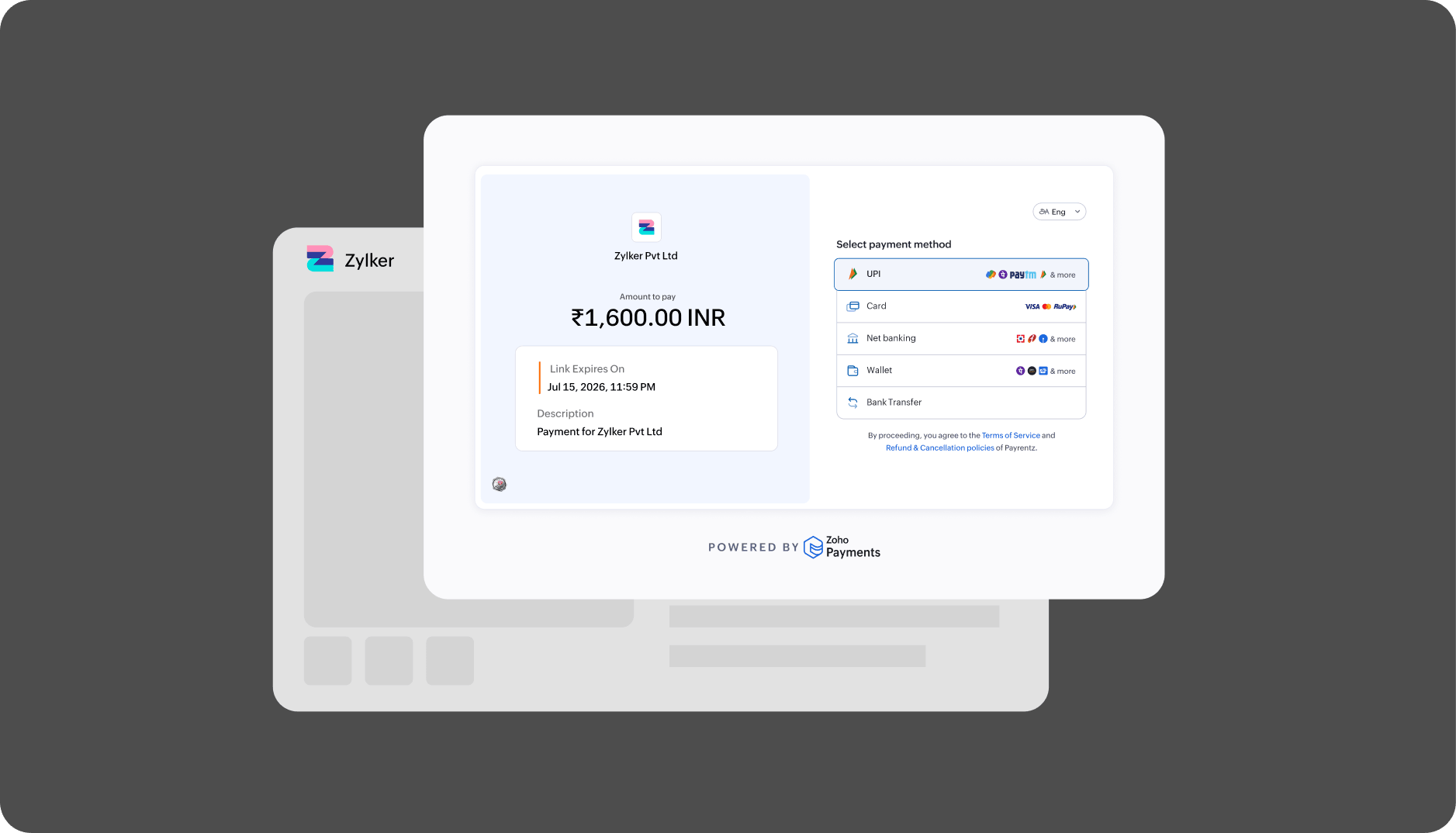 Zoho Payments hosted checkout page showing the amount to pay and available payment methods