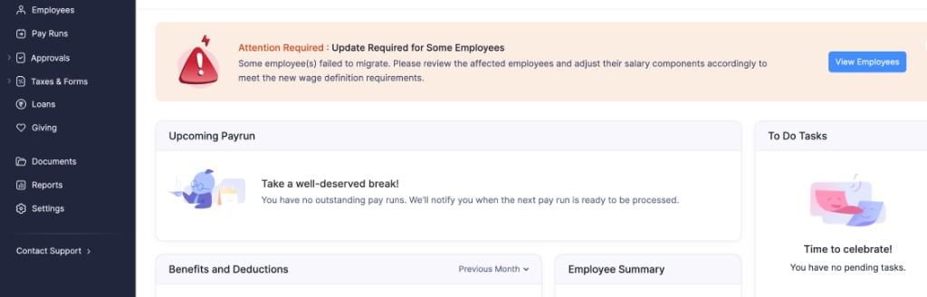 Attention Required notice on the Dashboard with View Employees