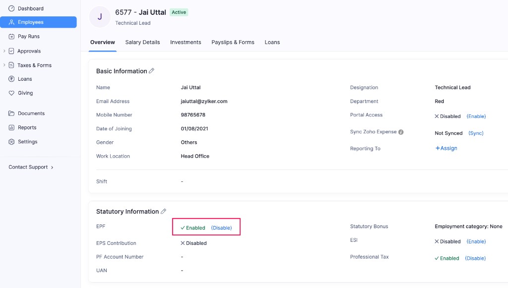Statutory Information on the employee Overview tab with EPF enabled