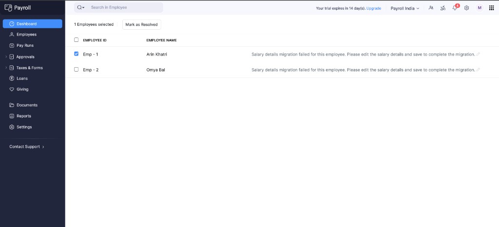 Select an employee on Migration Failed Employees and click Mark as Resolved