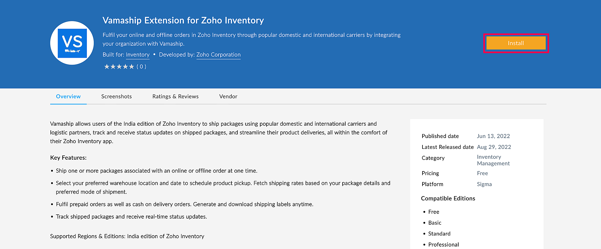 Zoho Marketplace landing page